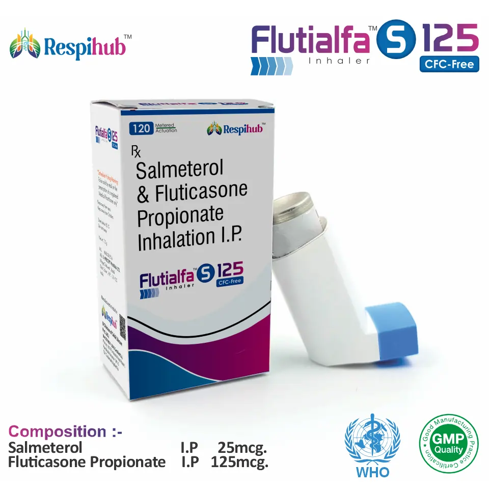 Salmeterol 25mcg + Fluticasone Propionate 125mcg inhaler at the best price in PCD Pharma Franchise for asthma and COPD management.